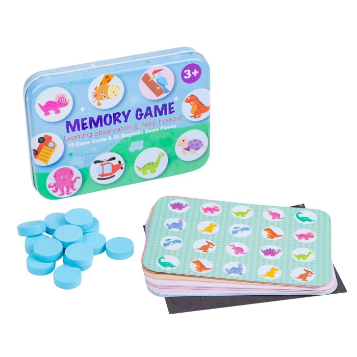 Развивающая игра Мемори в металлической коробке, 15 карточек, 20 магнитных фишек, голубая